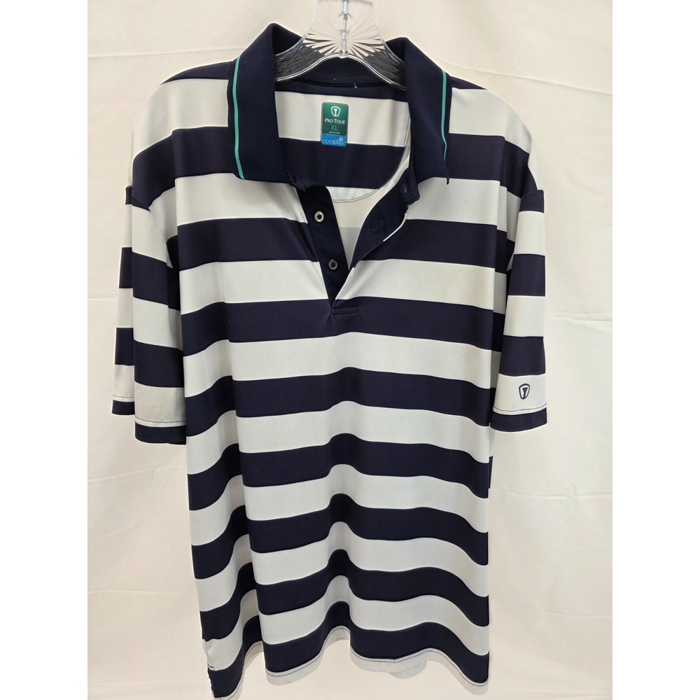 Pro Tour Coolplay Mens XL Golf Polo‎ Shirt Navy Blue White Striped Short Sleeve